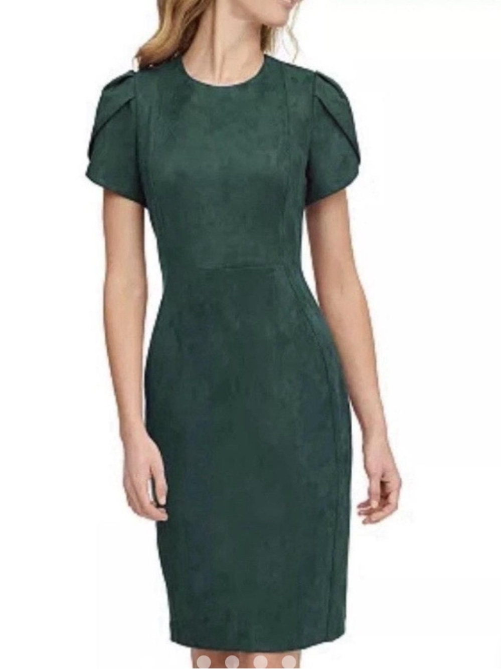 LIKE NEW! Calvin Klein Faux Suede Forest Green Tulip-Sleeve Sheath Dress sz 4